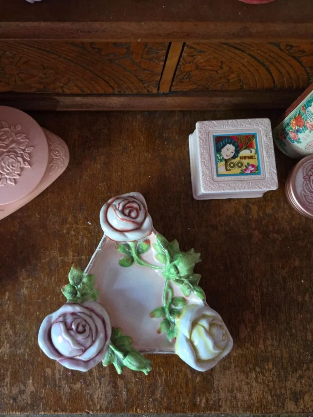 Vintage German Porcelain Rose Trinket Dish & Wall Hanging Art Cottagecore